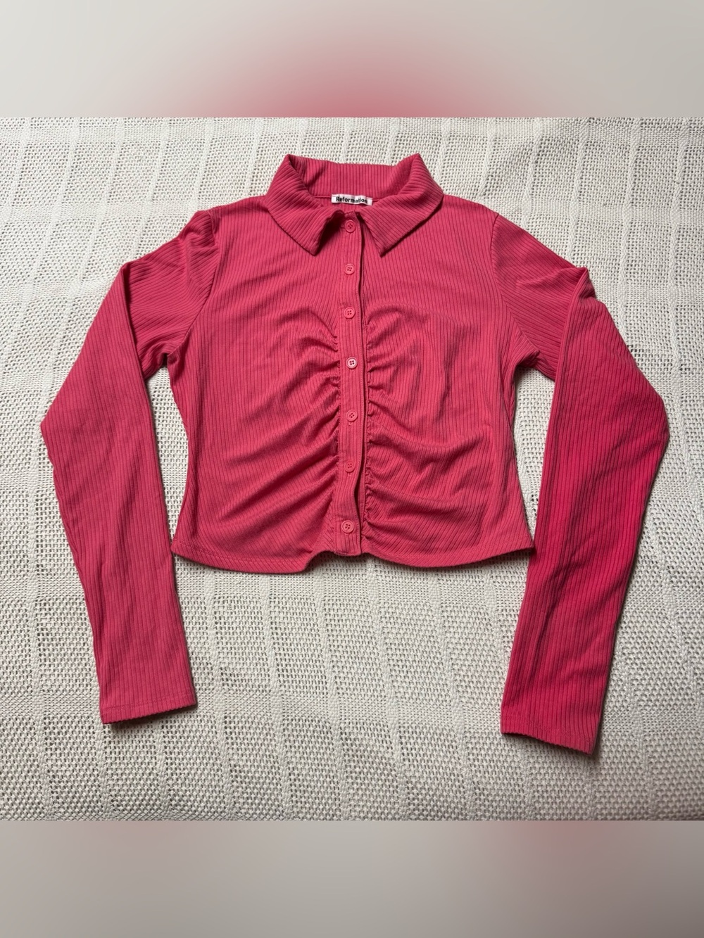 Reformation Pink Ribbed Ruched Button-Up Crop Top